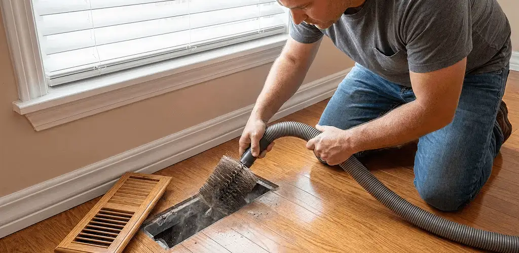 Air duct cleaning technician vacuuming a floor vent and duct opening in West Palm Beach, FL