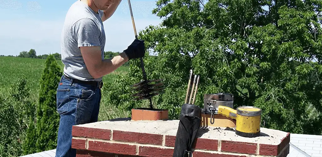 Chimney cleaning technician working on a rooftop chimney with professional tools in West Palm Beach, FL