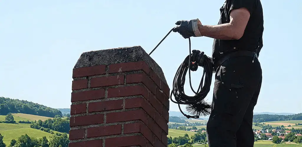Chimney sweep inspecting and cleaning a rooftop chimney in West Palm Beach, FL