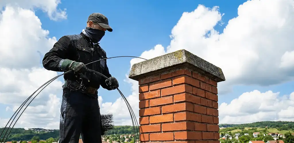 Chimney sweep cleaning a brick chimney with professional tools in West Palm Beach, FL