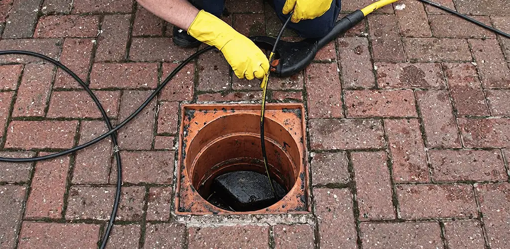 Drain cleaning technician using a drain snake to clear a clogged drain in West Palm Beach, FL