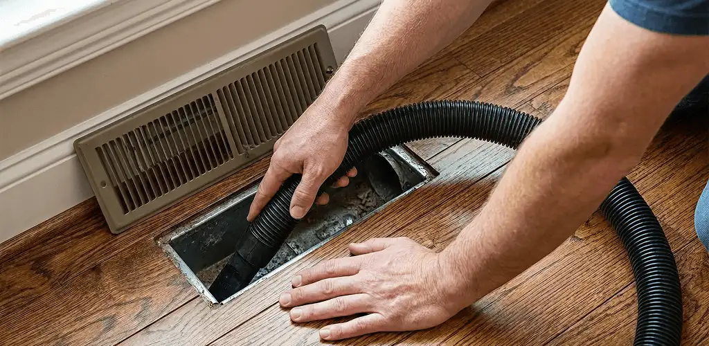Air duct cleaning technician vacuuming a floor register and duct opening in West Palm Beach, FL