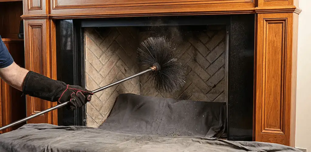 Chimney cleaning service brushing soot from a fireplace and flue in West Palm Beach, FL