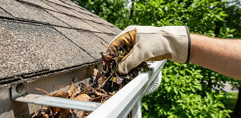 Gutter cleaning removing leaves and debris from roof gutters in West Palm Beach, FL