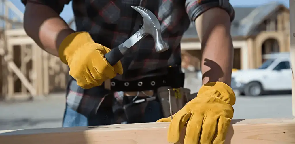 Handyman fixing wood trim with a hammer for home repairs in West Palm Beach, FL