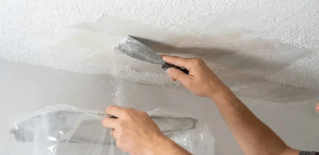 Popcorn ceiling removal technician scraping texture from a ceiling in West Palm Beach, FL