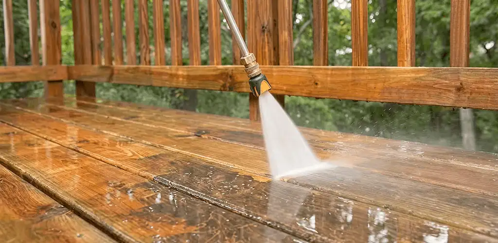 Pressure washing a wood deck to remove dirt and buildup in West Palm Beach, FL