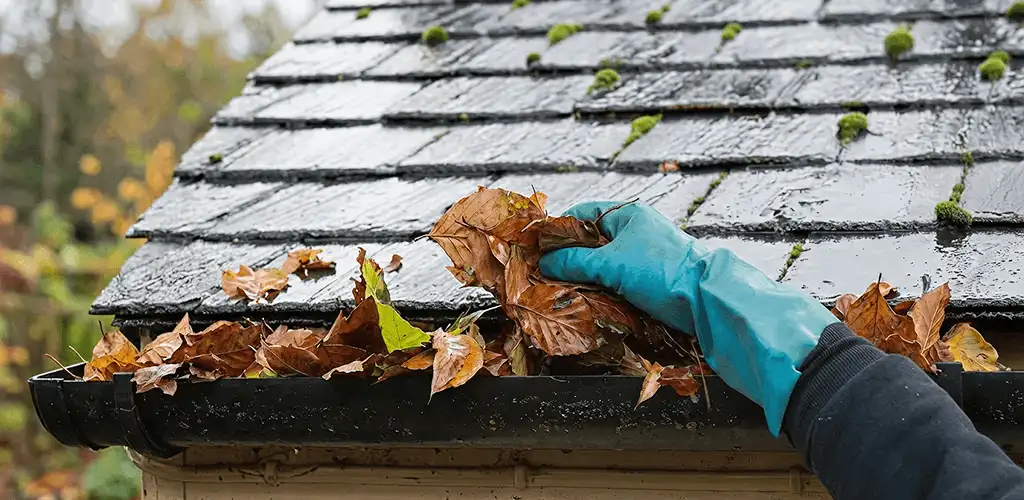 Gutter cleaning technician clearing wet leaves from roof gutters in West Palm Beach, FL