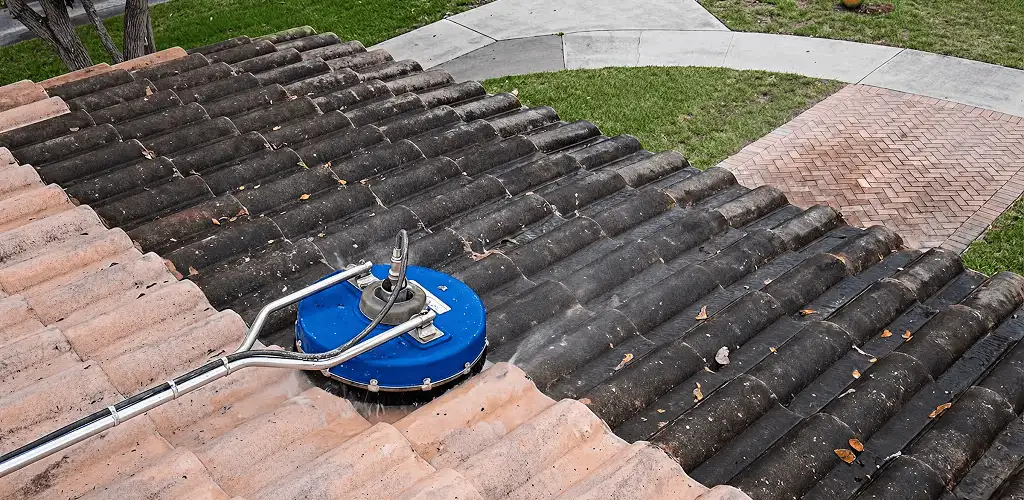 Roof pressure cleaning removing debris and buildup from roof tiles in West Palm Beach, FL