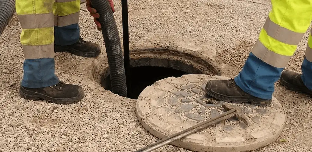 Drain cleaning crew clearing a sewer access point with professional equipment in West Palm Beach, FL