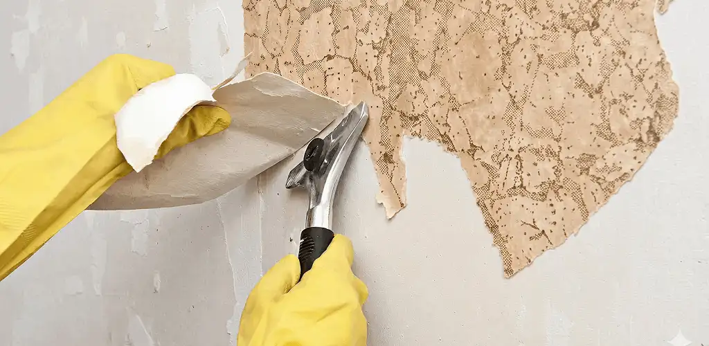 Wallpaper removal service stripping old wallpaper from a wall in West Palm Beach, FL